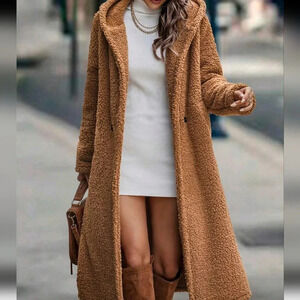 Coats Fuzzy Fleece Long Hooded Jackets Button Down Faux Fur Warm Outerwear